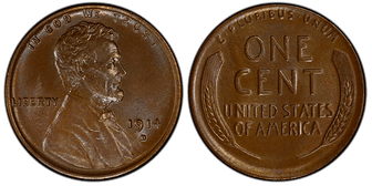Obverse and reverse of valuable lincoln wheat penny 1914-D