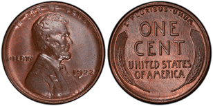 Obverse and reverse of iconic rare lincoln wheat penny, so called 1922 plane coin